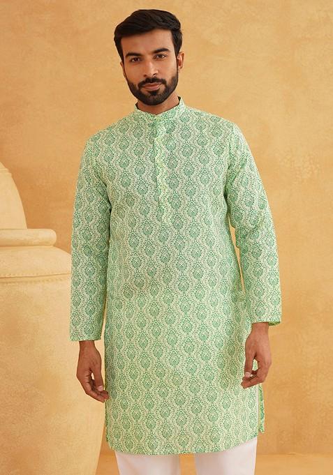 Green Ethnic Motifs Poly Blend Kurta Set For Men
