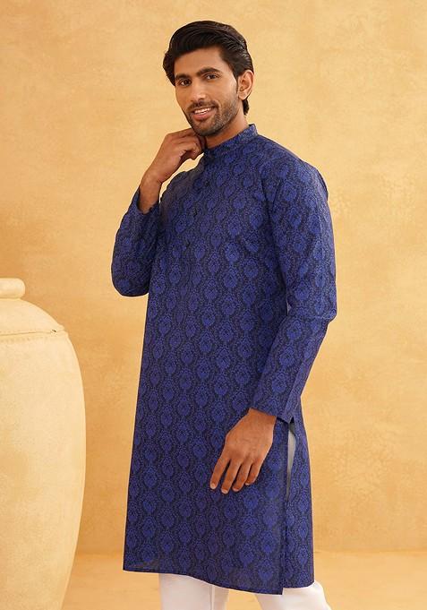 Navy Blue Ethnic Motifs Poly Blend Kurta Set For Men