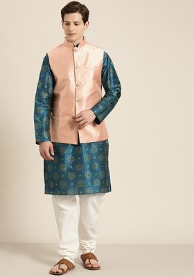 Teal Blue Woven Poly Blend Kurta Set For Men