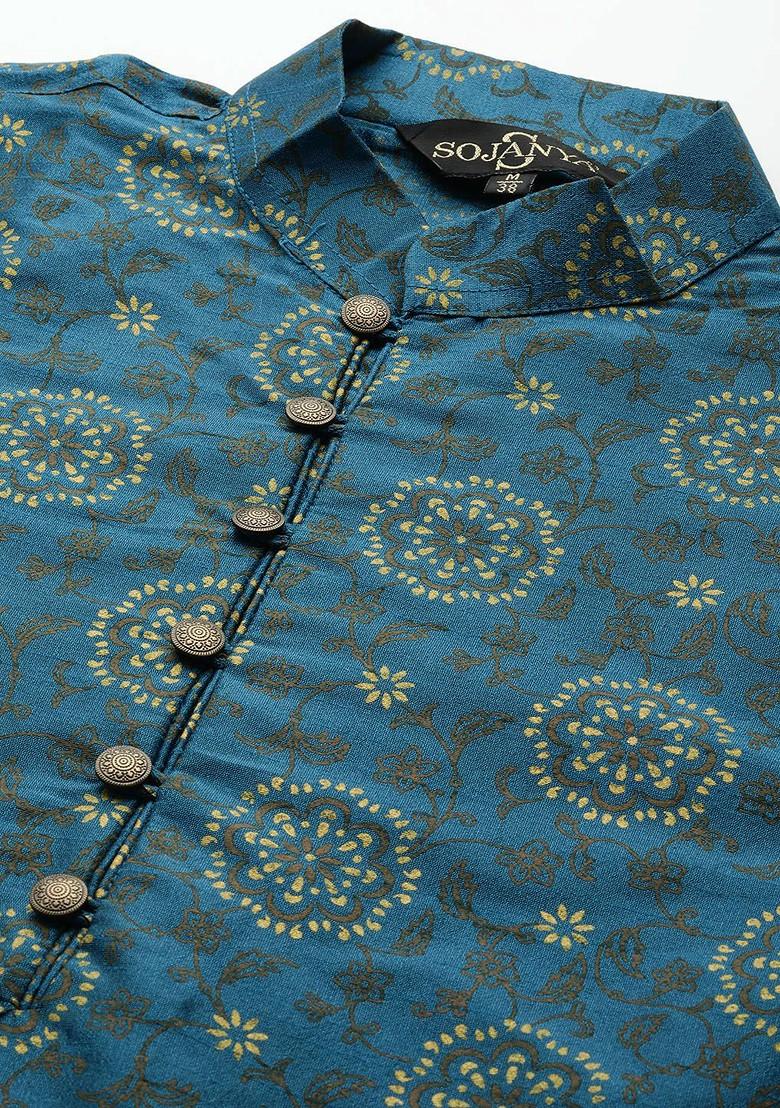 Teal Blue Woven Poly Blend Kurta Set For Men