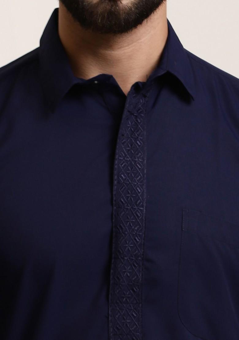 Navy Blue Solid Poly Blend Kurta Set For Men