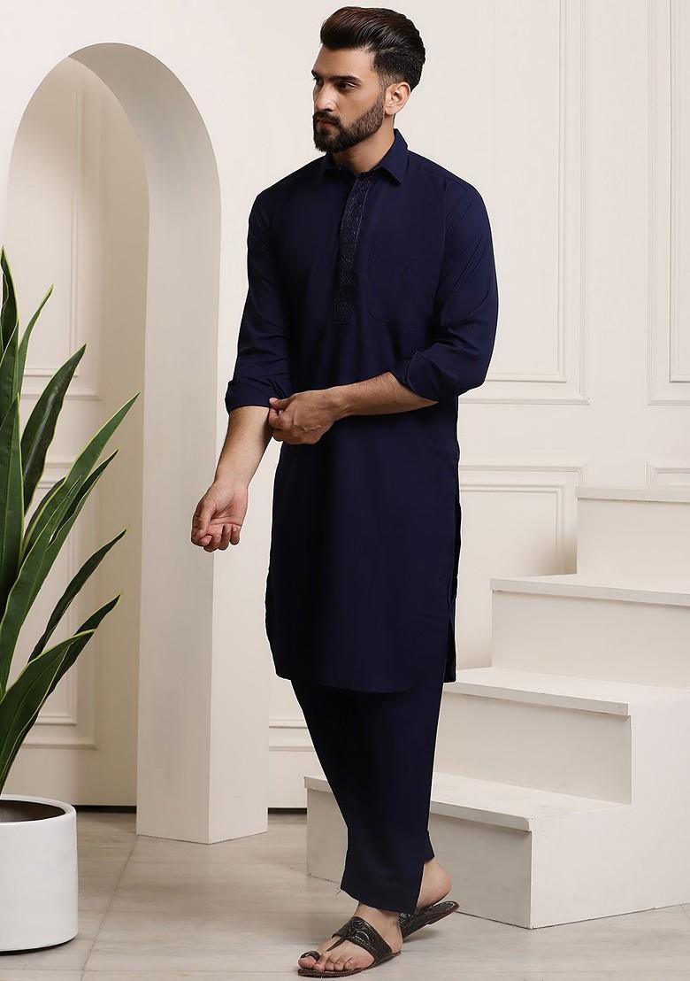 Navy Blue Solid Poly Blend Kurta Set For Men