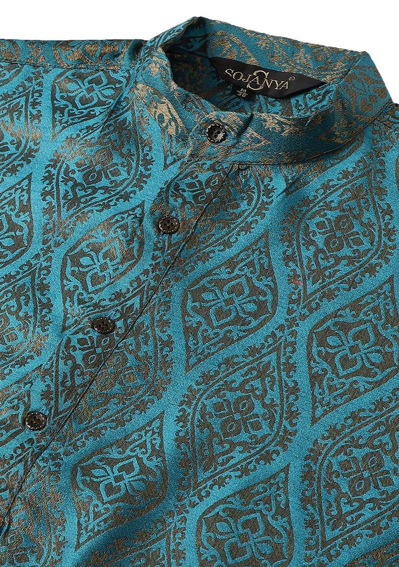 Teal Blue Woven Poly Blend Kurta Set For Men