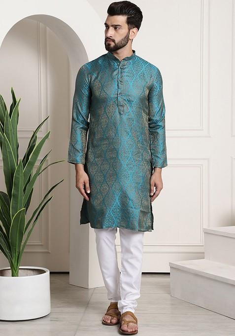 Teal Blue Woven Poly Blend Kurta Set For Men — view on Indya