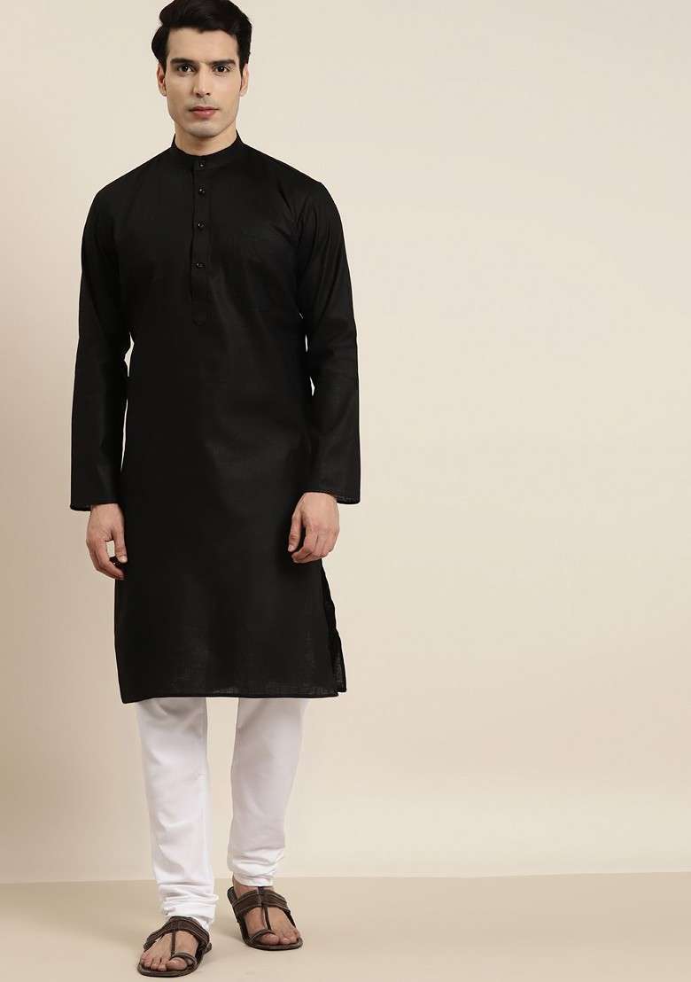 Black Solid Cotton Kurta Set For Men - Indya