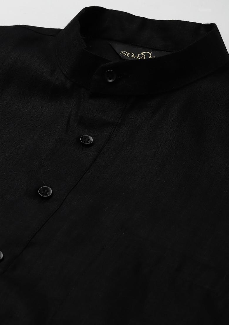 Black Solid Cotton Kurta Set For Men