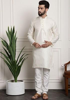 Off White Thread Work Poly Blend Kurta Set For Men