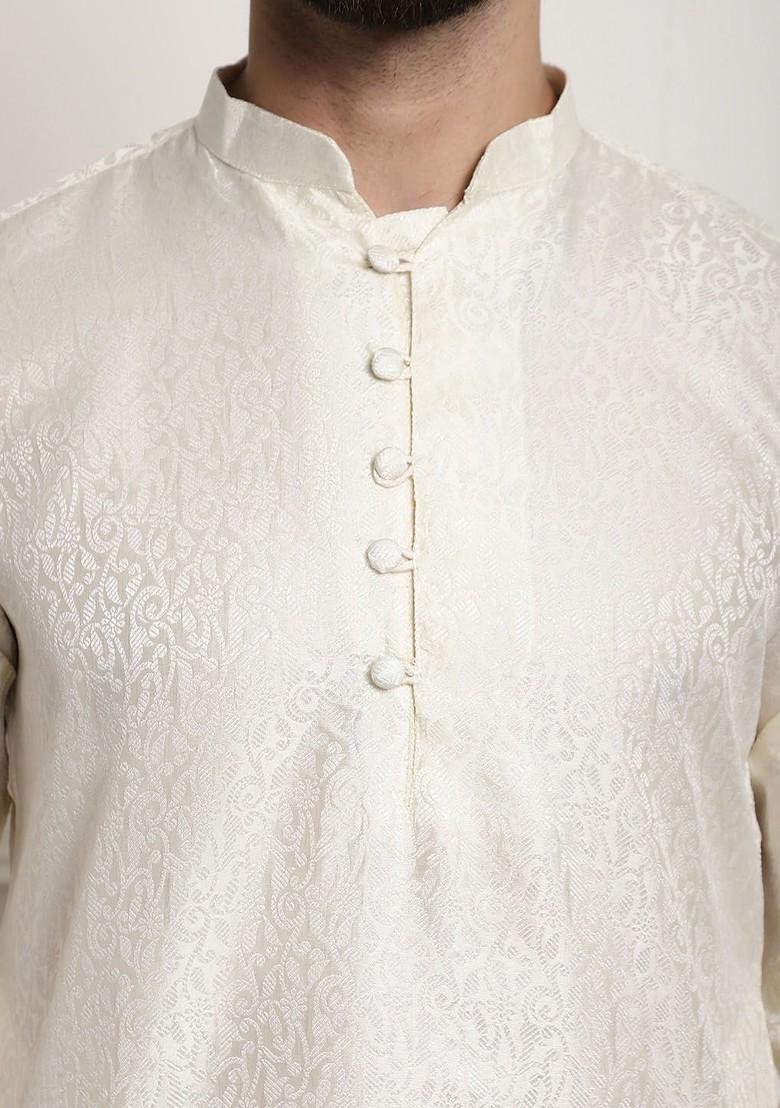 Off White Thread Work Poly Blend Kurta Set For Men