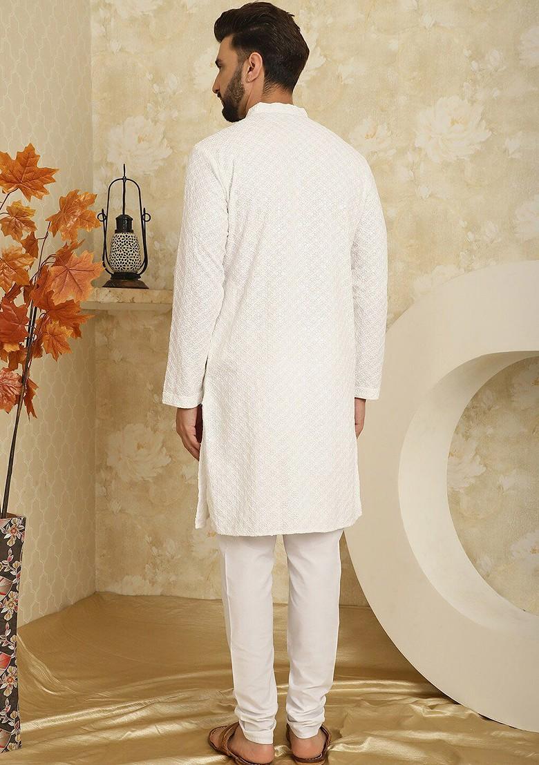 White Embroidered Cotton Kurta Set For Men