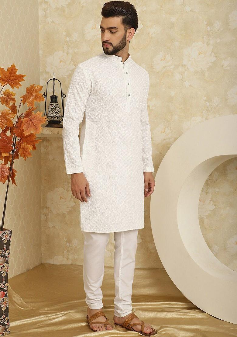 White Embroidered Cotton Kurta Set For Men