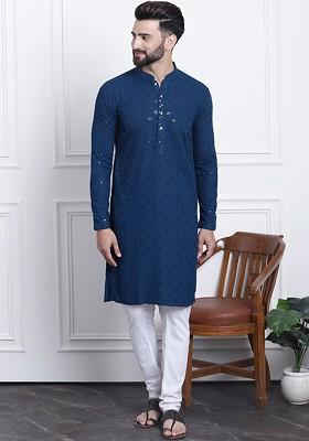 Teal Blue Embroidered Cotton Kurta Set For Men