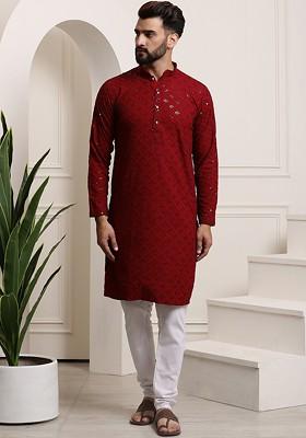 Maroon Embroidered Cotton Kurta Set For Men