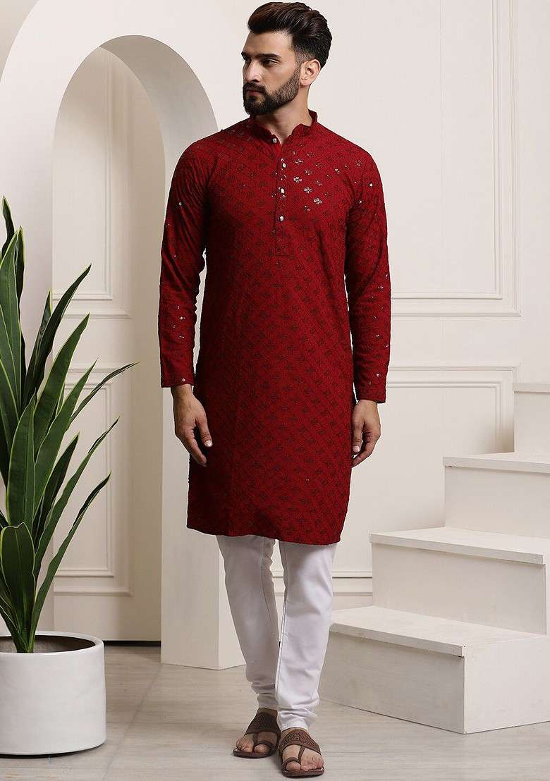 Maroon Embroidered Cotton Kurta Set For Men - Indya