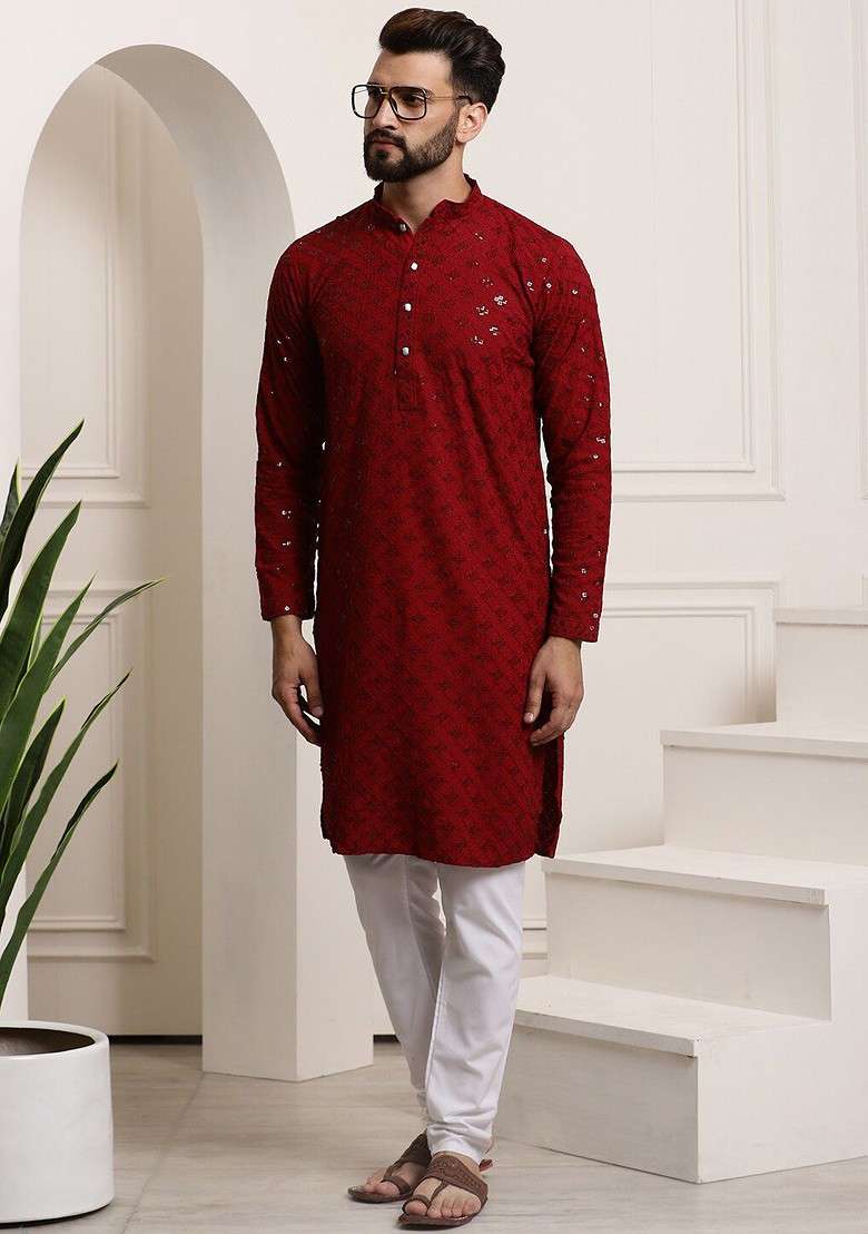 Maroon Embroidered Cotton Kurta Set For Men - Indya