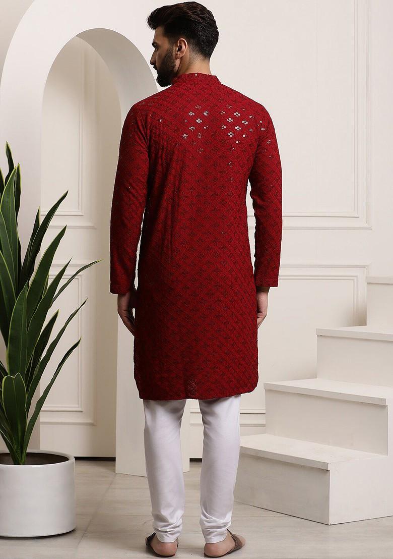 Maroon Embroidered Cotton Kurta Set For Men