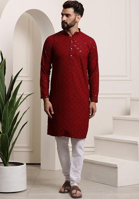 Maroon Embroidered Cotton Kurta Set For Men — view on Indya