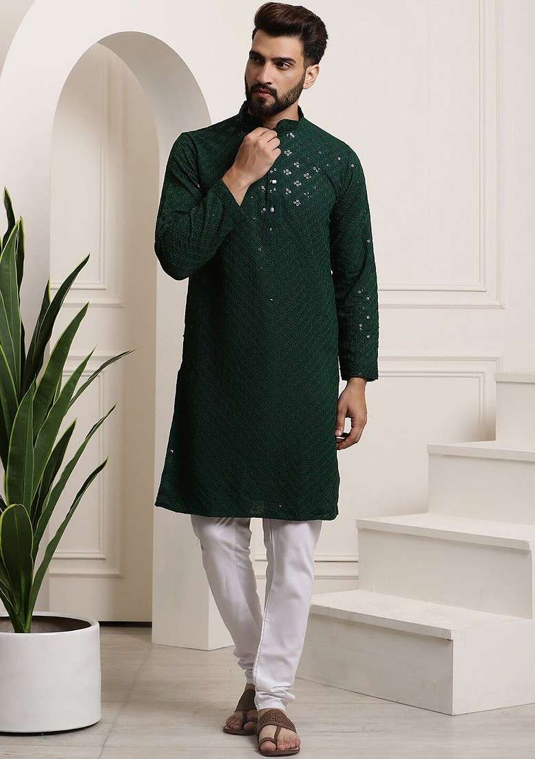 Green Embroidered Cotton Kurta Set For Men - Indya
