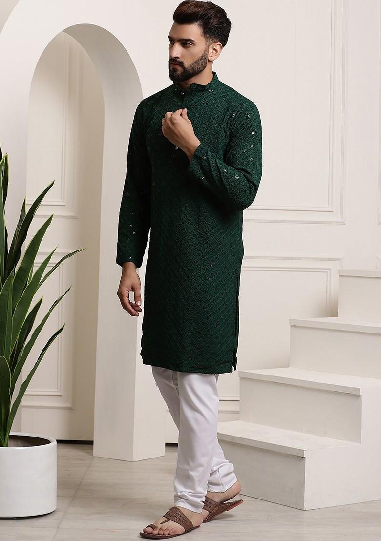 Green Embroidered Cotton Kurta Set For Men