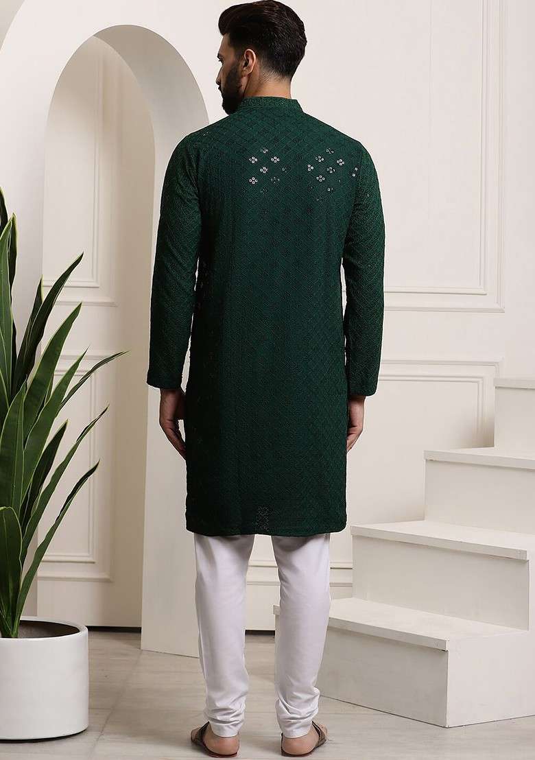 Green Embroidered Cotton Kurta Set For Men - Indya