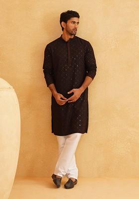 Coffee Brown Embroidered Cotton Kurta Set For Men