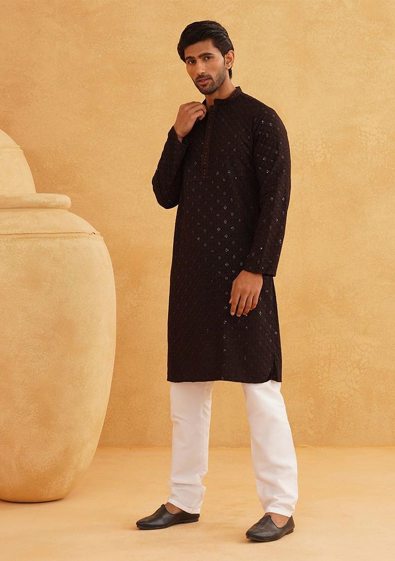 Coffee Brown Embroidered Cotton Kurta Set For Men