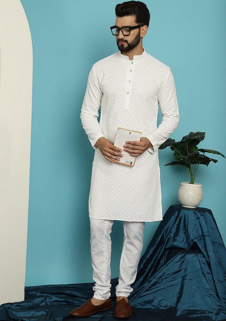 White Embroidered Cotton Kurta Set For Men