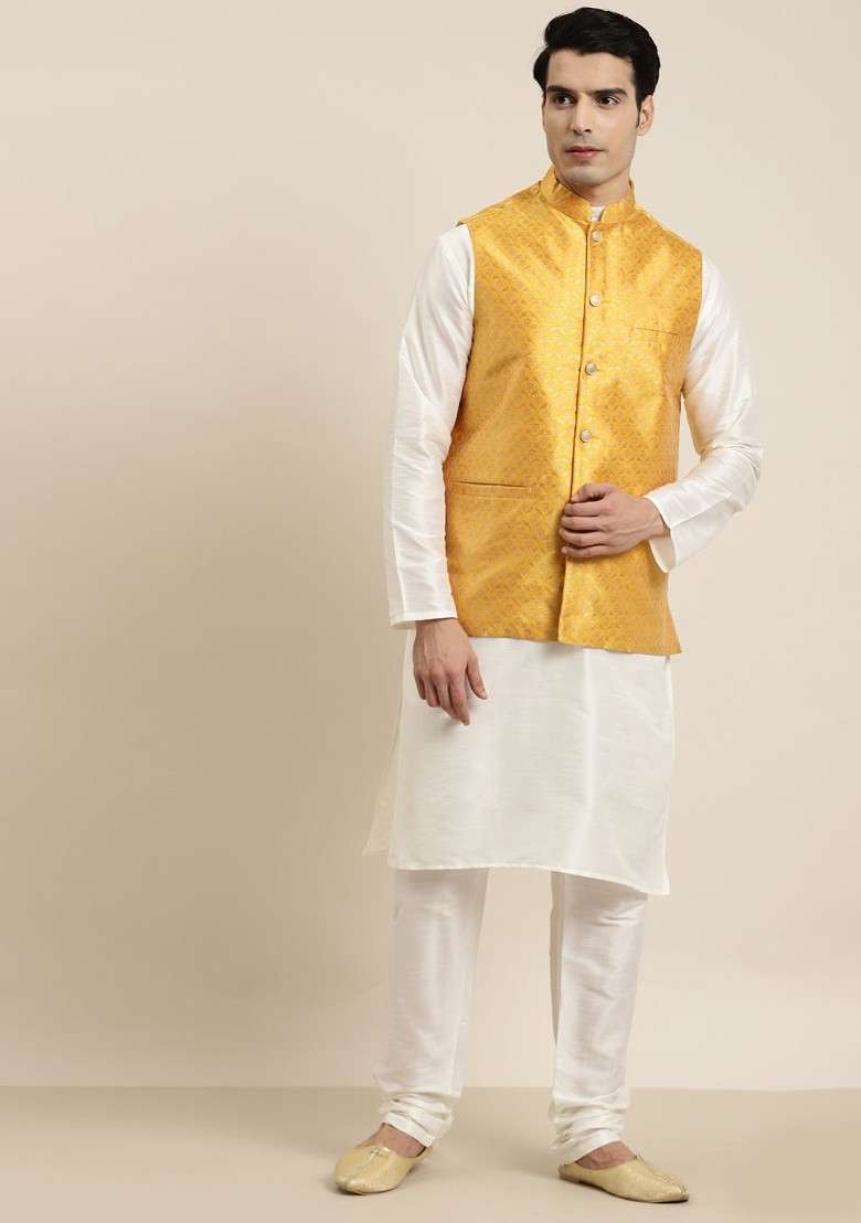 Off White Solid Poly Blend Kurta Set For Men - Indya