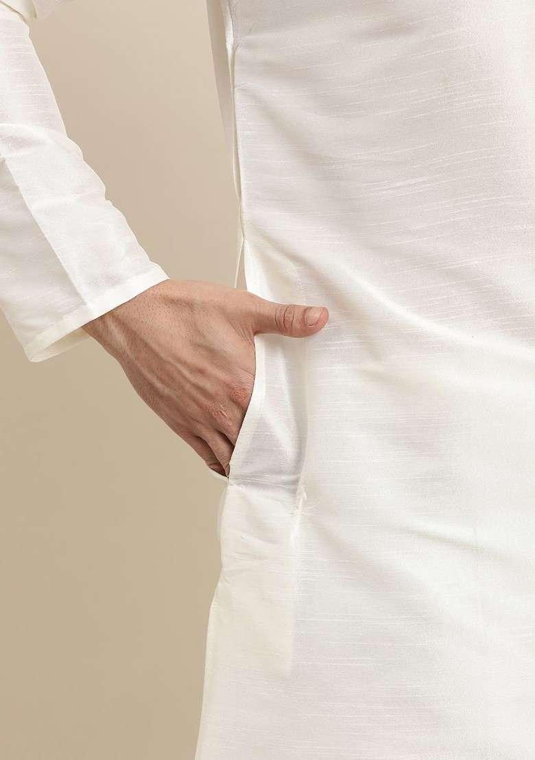 Off White Solid Poly Blend Kurta Set For Men - Indya