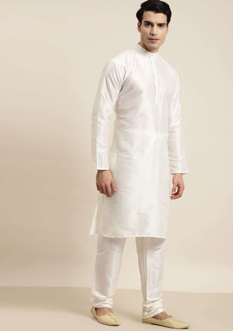 Off White Solid Poly Blend Kurta Set For Men - Indya