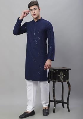 Navy Blue Embroidered Cotton Kurta Set For Men