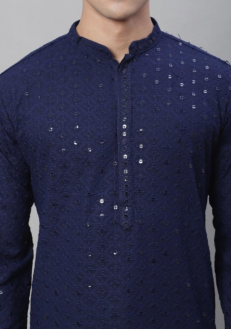 Navy Blue Embroidered Cotton Kurta Set For Men