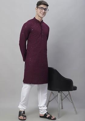 Purple Embroidered Cotton Kurta Set For Men