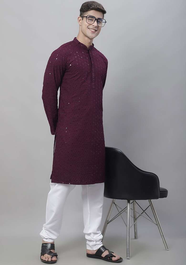 Purple Embroidered Cotton Kurta Set For Men - Indya