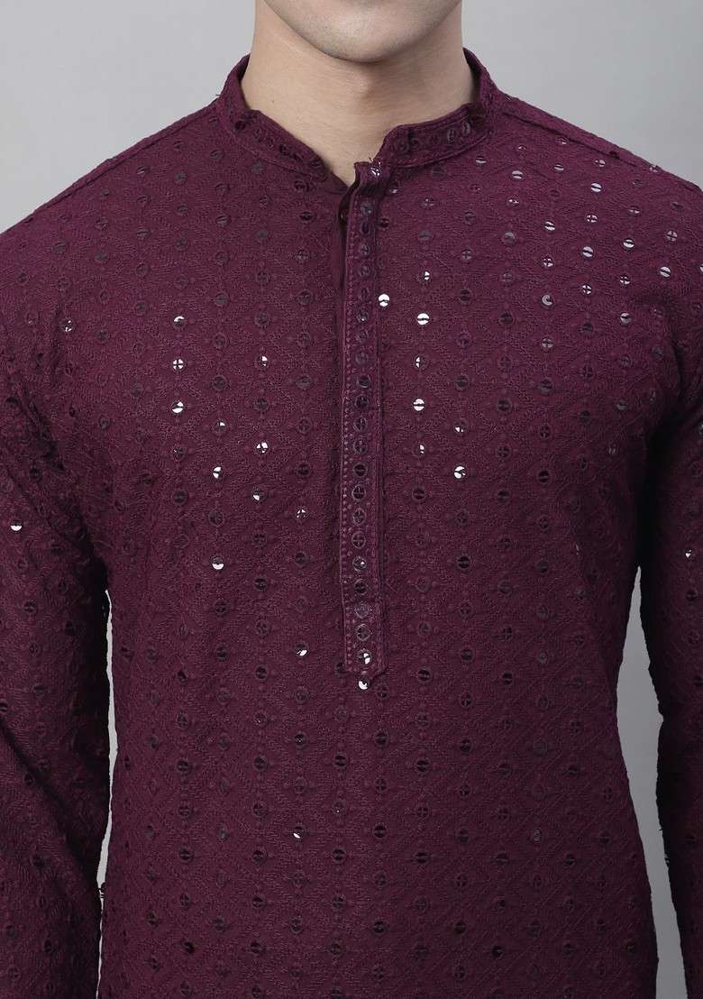 Purple Embroidered Cotton Kurta Set For Men - Indya