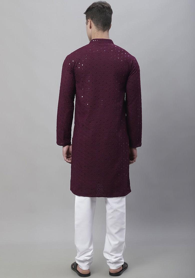 Purple Embroidered Cotton Kurta Set For Men