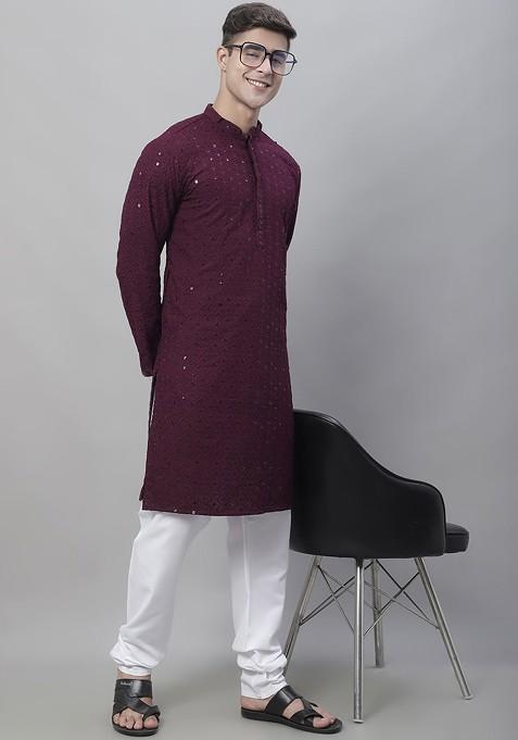 Purple Embroidered Cotton Kurta Set For Men