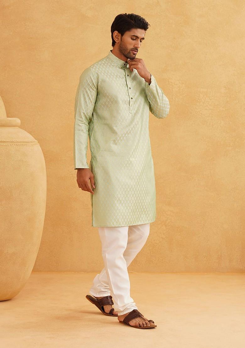 Green Woven Poly Blend Kurta Set For Men