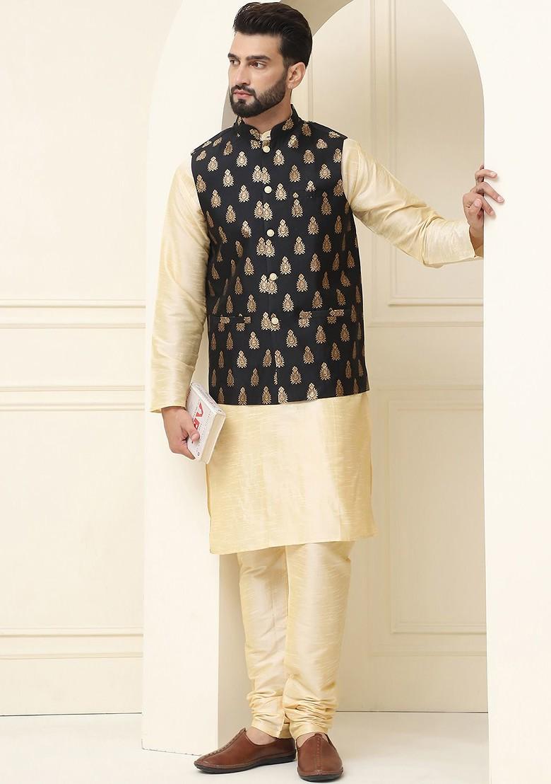 Gold Solid Poly Blend Kurta Set For Men