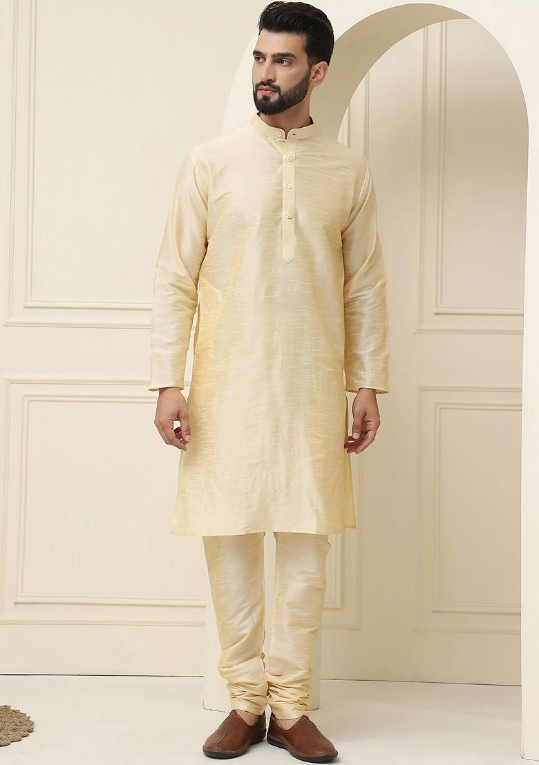 Gold Solid Poly Blend Kurta Set For Men