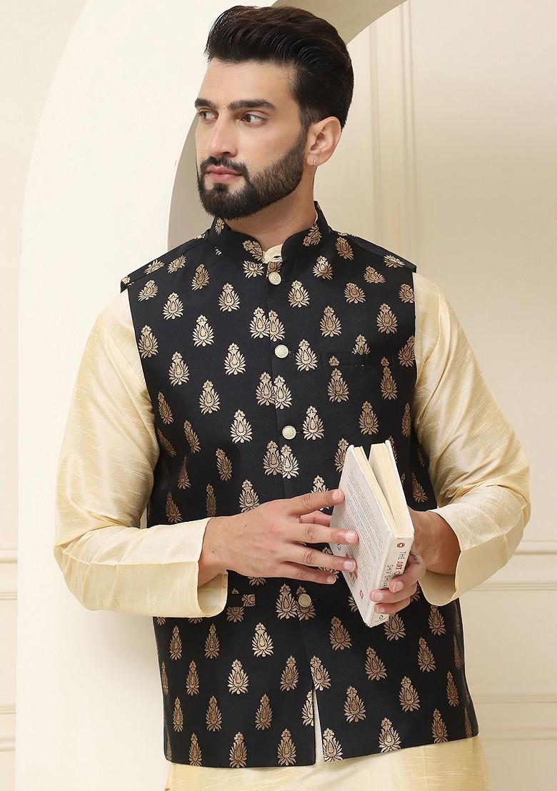 Gold Solid Poly Blend Kurta Set For Men