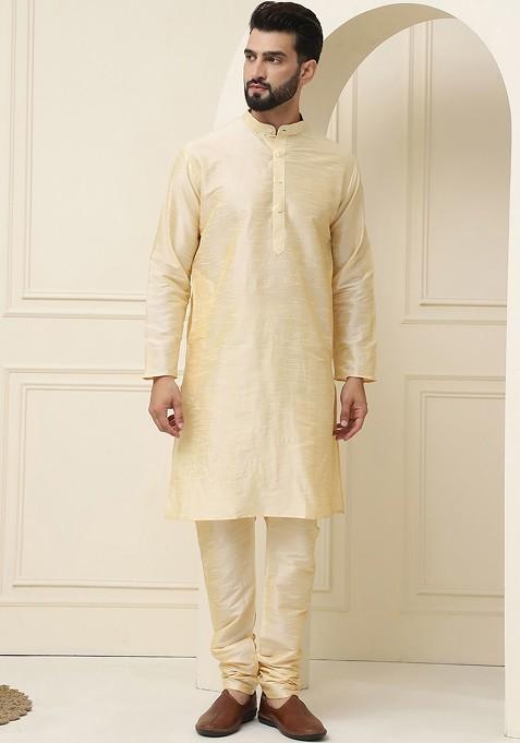 Gold Solid Poly Blend Kurta Set For Men