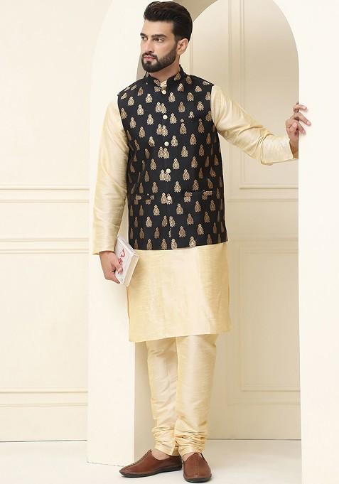 Gold Solid Poly Blend Kurta Set For Men