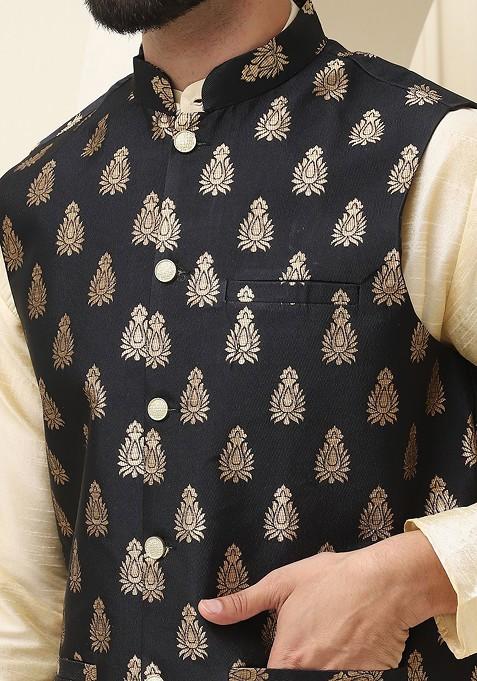 Gold Solid Poly Blend Kurta Set For Men