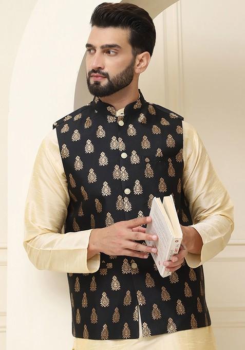 Gold Solid Poly Blend Kurta Set For Men