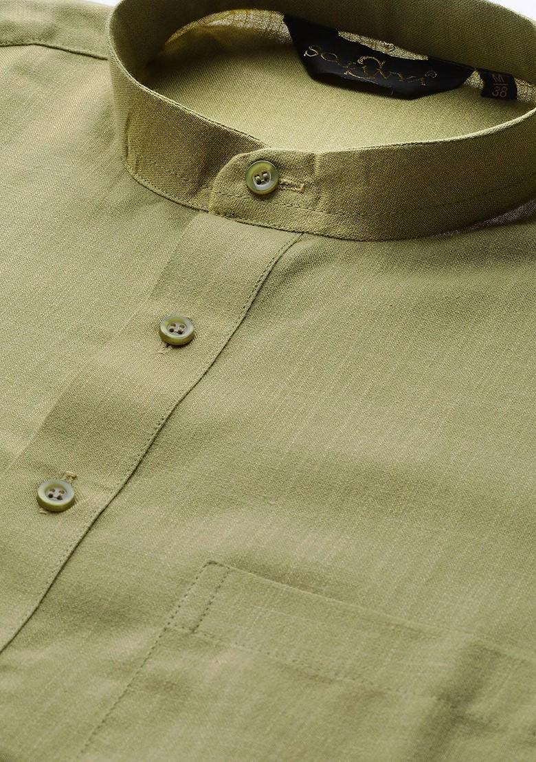 Olive Solid Poly Blend Kurta Set For Men