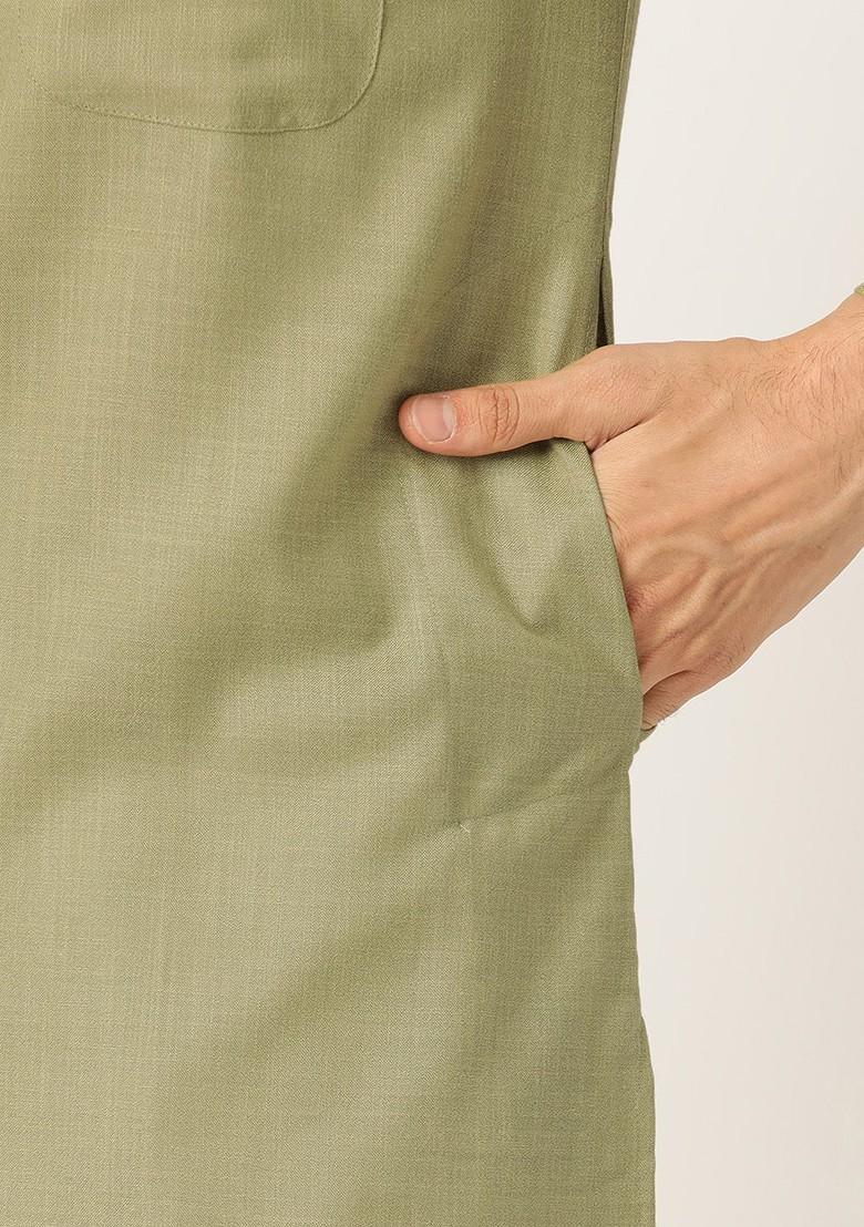 Olive Solid Poly Blend Kurta Set For Men