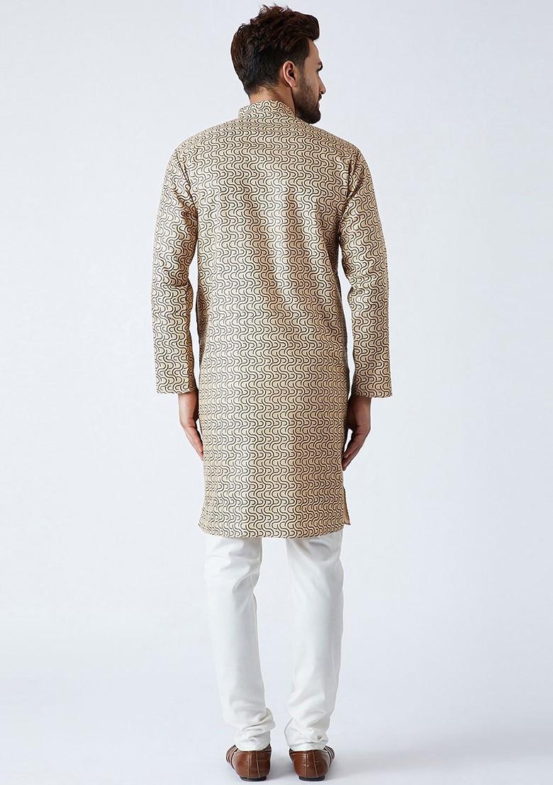 Beige Printed Poly Blend Kurta Set For Men