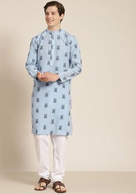 Blue Solid Cotton Kurta Set For Men