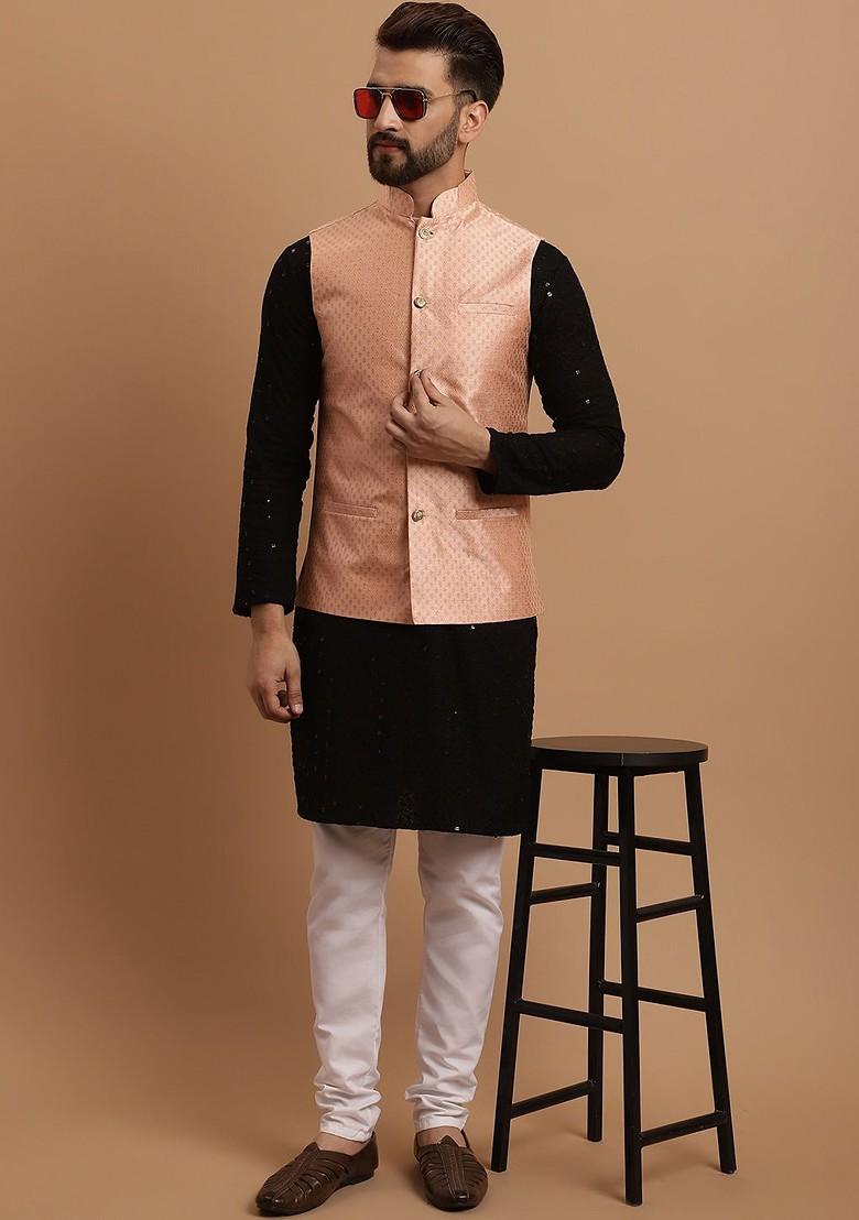 Black Embroidered Cotton Kurta Set For Men