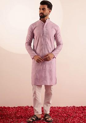 Pink Embroidered Poly Blend Kurta Set For Men